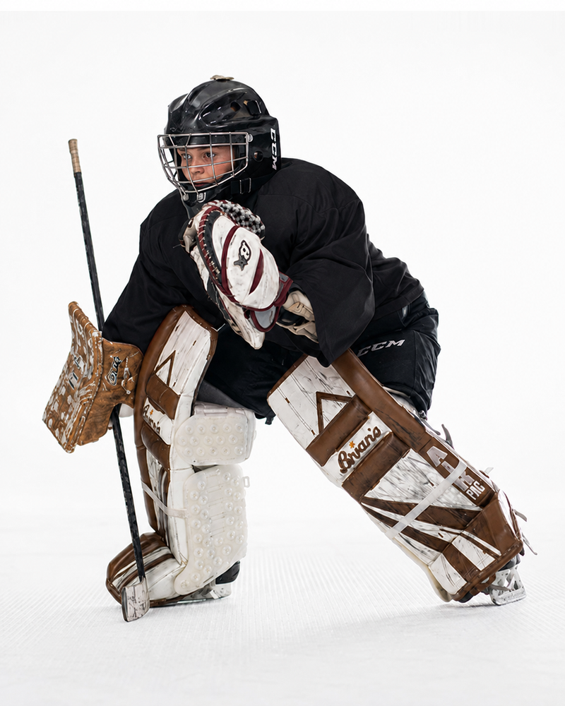 Hockey goalie in full gear with equipment on a white background