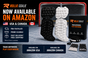 Rollie Goalie off-ice goalie slide plates now available on Amazon USA and Canada, featuring Adult and Junior models, FBA fulfillment, Prime eligibility, and fast delivery.