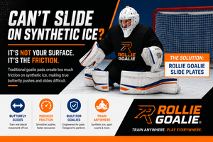 Goalie demonstrating butterfly position on synthetic ice with Rollie Goalie Slide Plates, illustrating how reducing pad friction helps create realistic butterfly pushes, lateral slides, and off-ice goalie training.