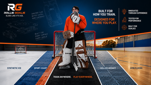 Rollie Goalie Sliders on goalie pads showcasing innovative off-ice goalie training across synthetic ice, sport court, roller hockey, and gym floor surfaces.