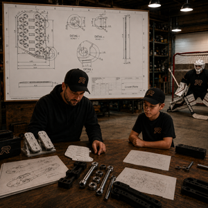 Man and child working on a project with blueprints and tools in a workshop setting.
