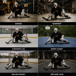 Collage of a hockey goalie in various settings with labels indicating different environments.