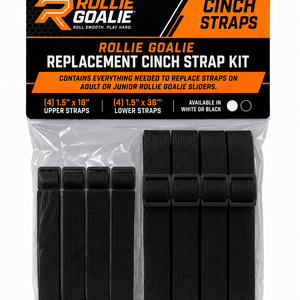 Rollie Goalie cinch strap kit packaging with black straps inside
