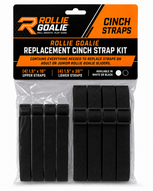 Rollie Goalie cinch strap kit packaging with black straps inside