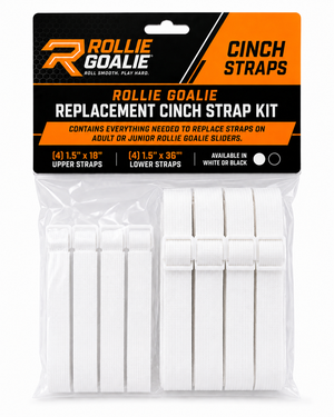 Rollie Goalie replacement cinch strap kit packaging with white straps inside.