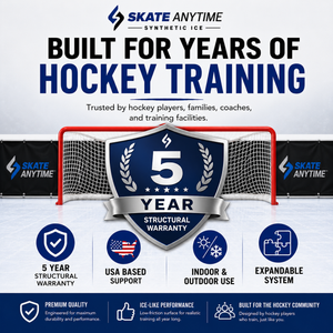 Advertisement for Skate Anytime synthetic ice with a hockey goal and warranty information.
