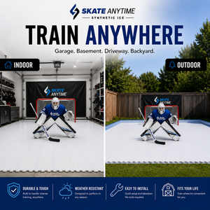 Advertisement for Skate Anytime synthetic ice training system showing indoor and outdoor use.