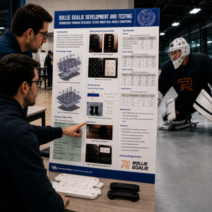 Two men looking at a poster about Rolly Goalie development and testing, with a person in a hockey uniform in the background.
