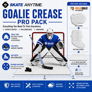 Advertisement for Skate Anytime Goalie Crease Pro Pack featuring a hockey goalie and product details.