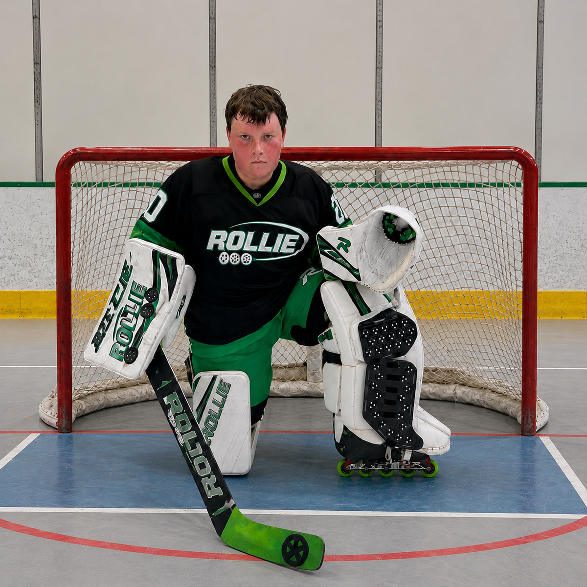 A young ice hockey goalie wearing a black and green Rollie jersey, white leg guards, and shin guards, crouching in front of a red hockey goal on an indoor rink.