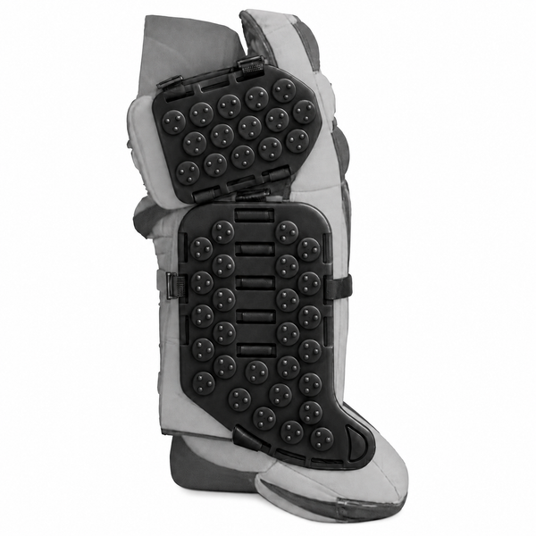 Gray and black protective boot with textured sole on a white background