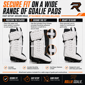 Step-by-step guide on how to secure goalie pads with Rollie Goalie products, featuring white goalie pads and clear instructions.