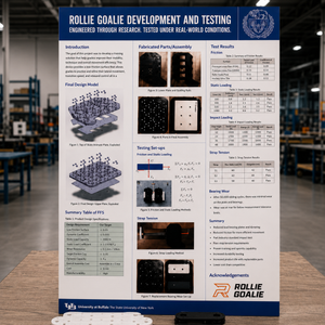 A vertical academic poster titled 'Rollie Goalie Development and Testing' displayed on a table in a university lab setting. The poster features blue headers and footers, white background panels, and multiple black-and-white technical diagrams, photos, and tables detailing the development and testing of a goalie training device.