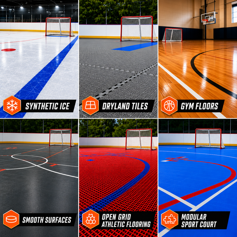 Collage of different sports court surfaces including synthetic ice, dryland tiles, gym floors, smooth surfaces, open grid athletic flooring, and modular sport court.