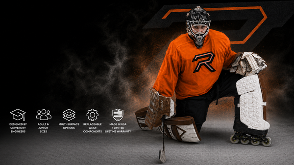 Hockey player in orange jersey with a brand logo, kneeling on ice with equipment.